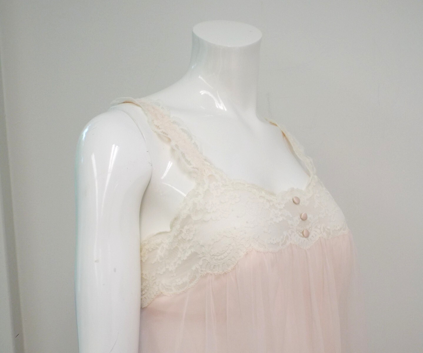 Vintage Warner Laros Nylon Double Layer Pink Sheer Night Gown 32 Bra Top Lace