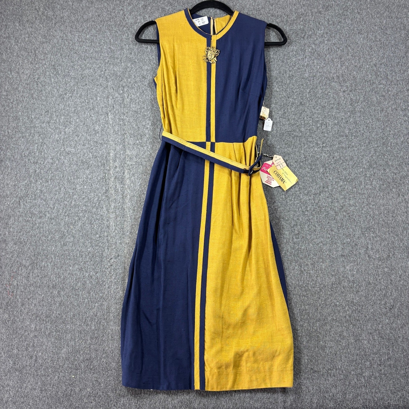 Vintage 60s Cohama Colorblock Sheath Dress Navy Yellow Mod Belted Brooch NWT 11