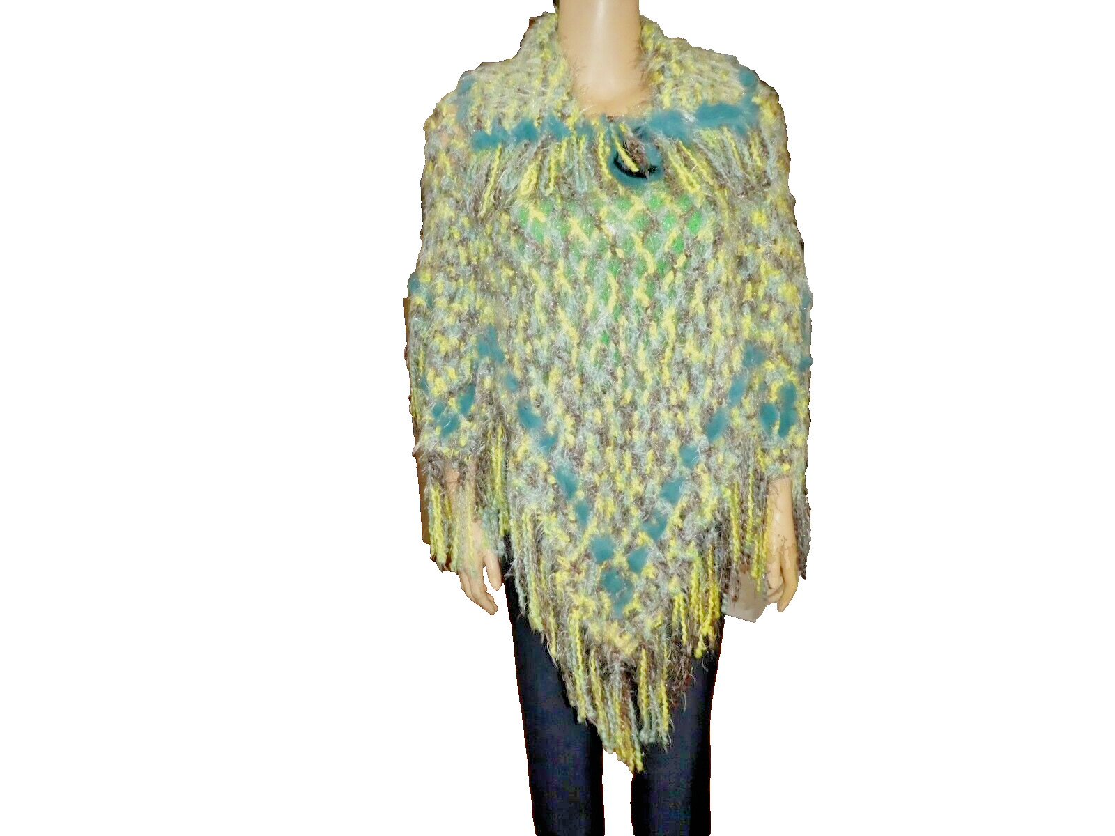Newport News~Vintage Metallic Green Multi Poncho~Fold-down Collar~Teal Fur~OSFM