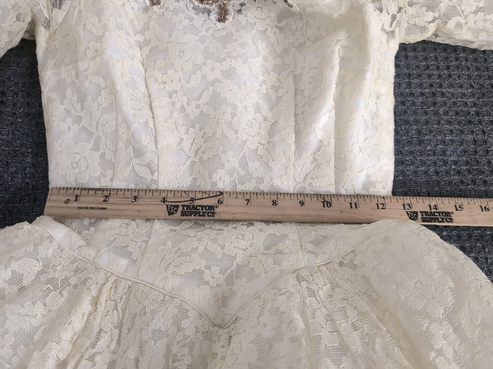 50’s Lace & Pleated Tulle Long Sleeved Princess Prairie Wedding Dress Beads