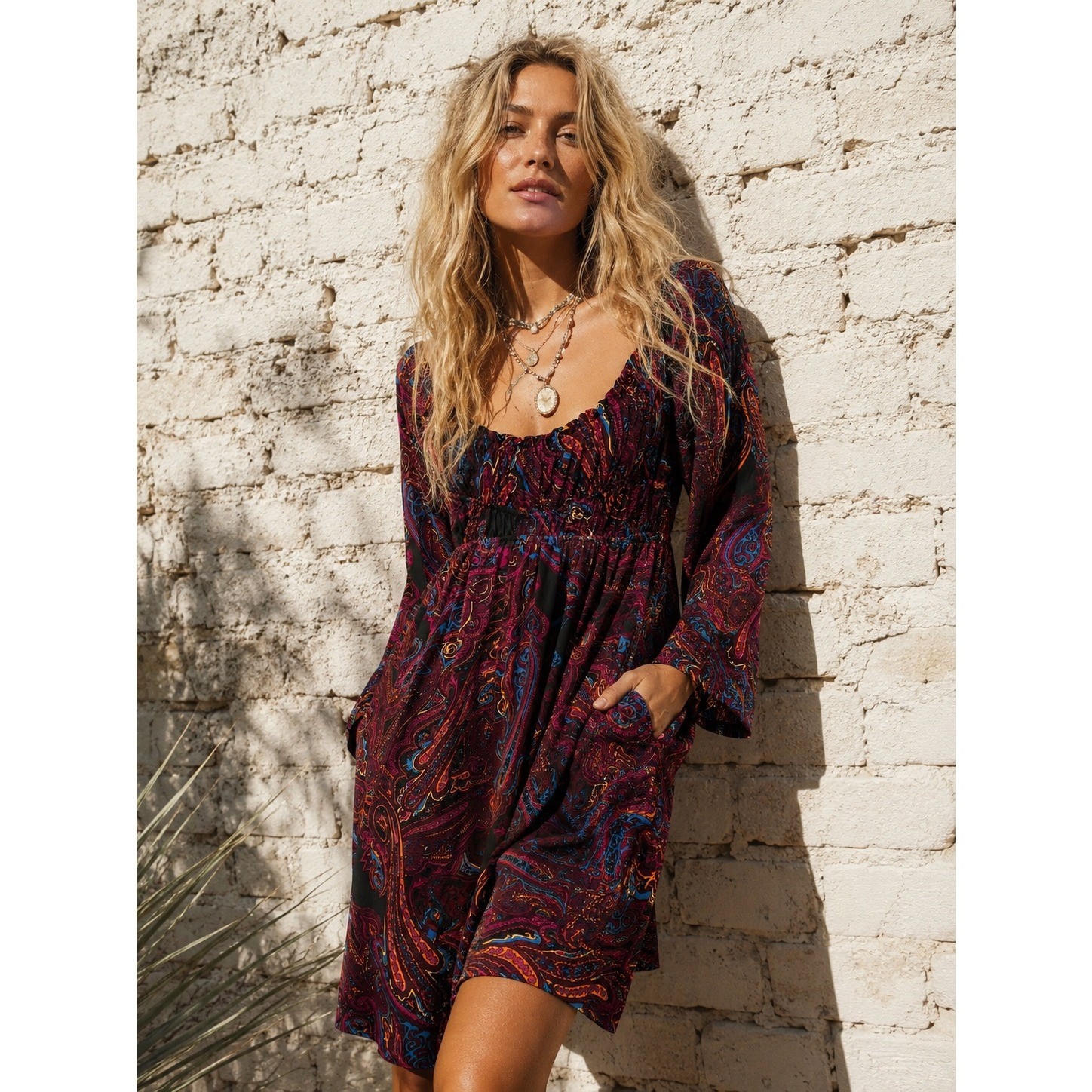 Vintage AGB Dress Paisley Babydoll Mini Dress Empire Waist Bell Sleeve Size 12