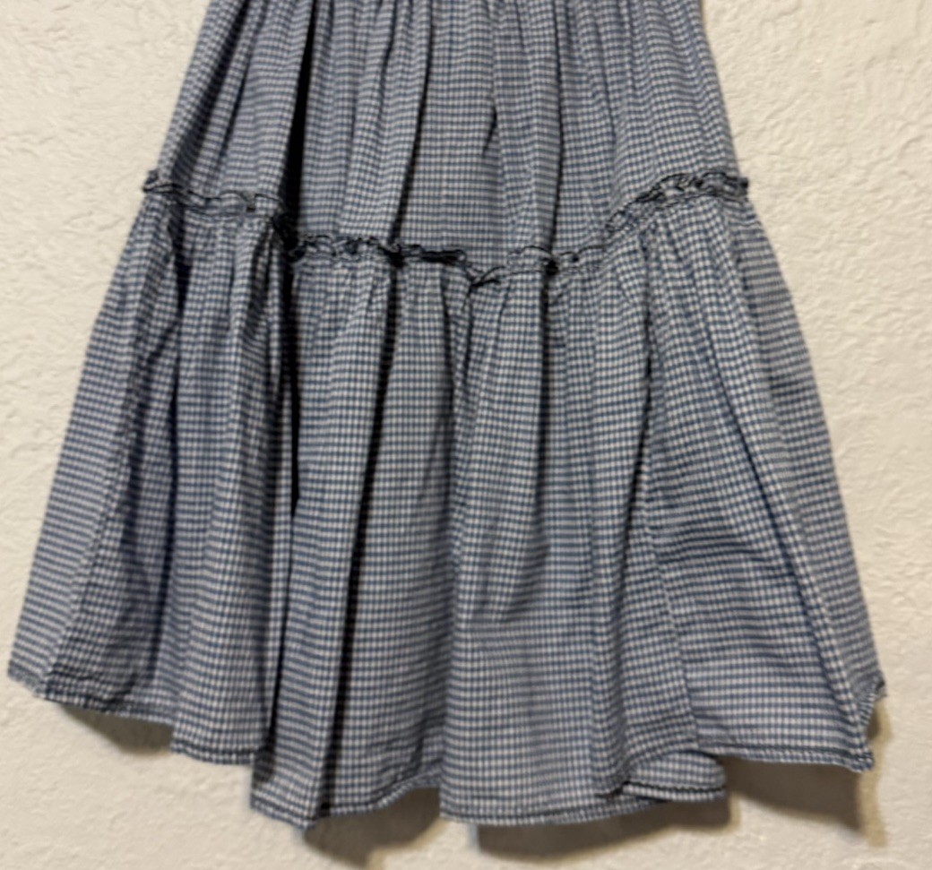 Vintage 70s Hand Crafted Blue Gingham Cotton Tiered Midi Boho Skirt 22” W, 25” L