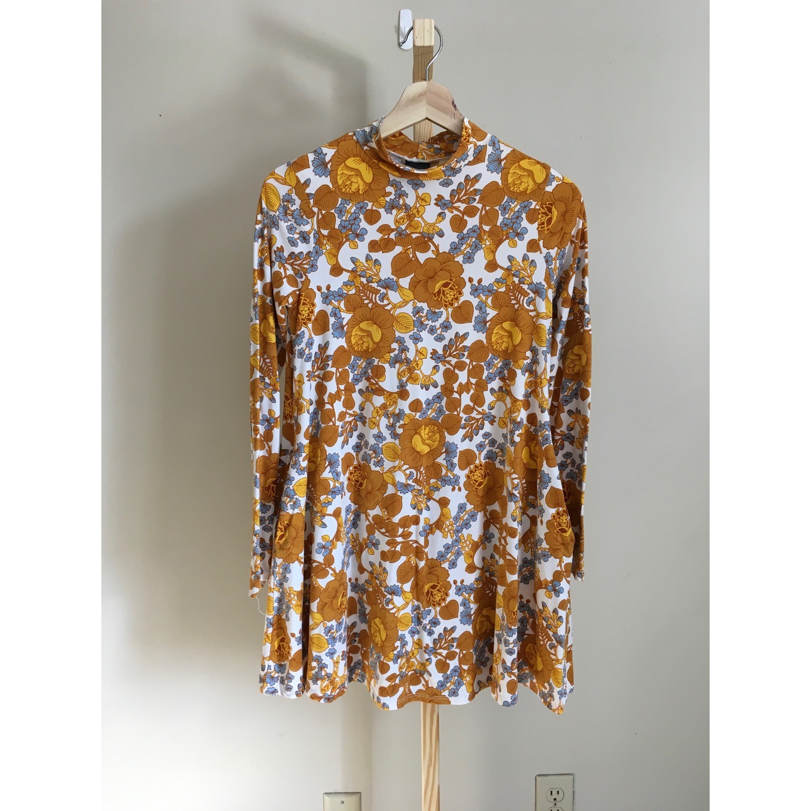 Agnes & Dora Womens Retro Floral Mock Neck Long Sleeve Swing Tunic Mustard XS