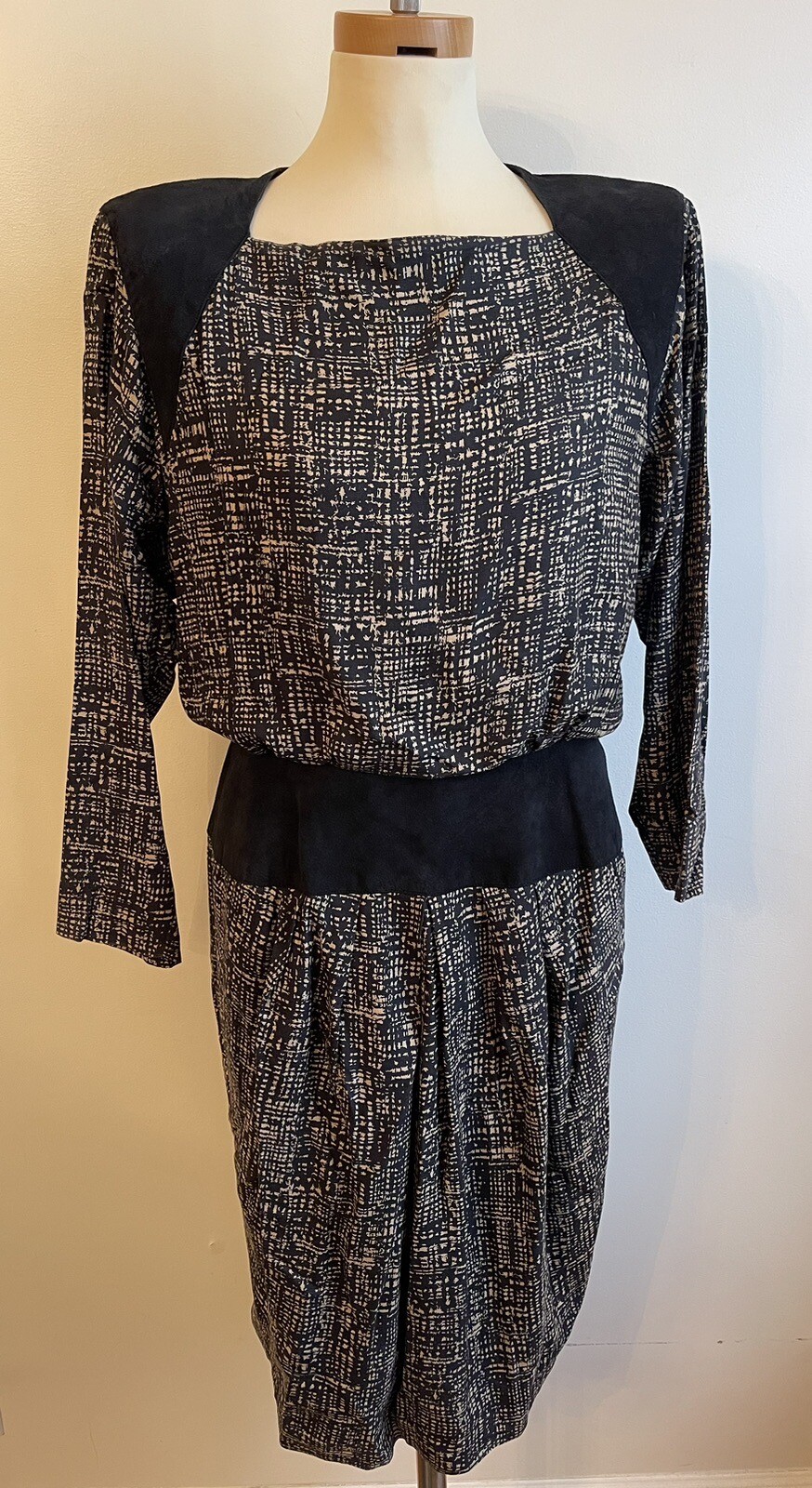 Vintage 1990s St. Gillian Kay Unger Silk & Suede Blouson Dress 10 Black & Beige