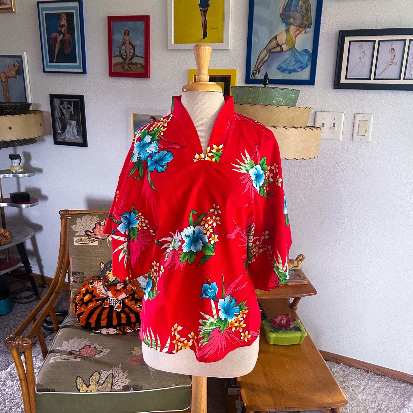 Vintage 1940s Style Blouse | Tropical | Red Multi | L XL | Hilo Hattie | 1980s