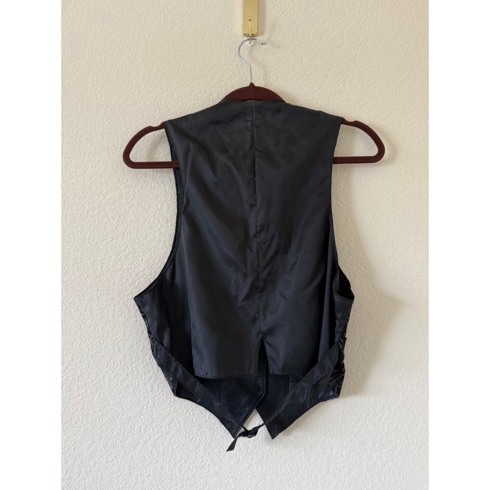 CHIA Vintage Womens Black Leather Brocade Tuxedo Vest Floral Damask Sz S Grunge