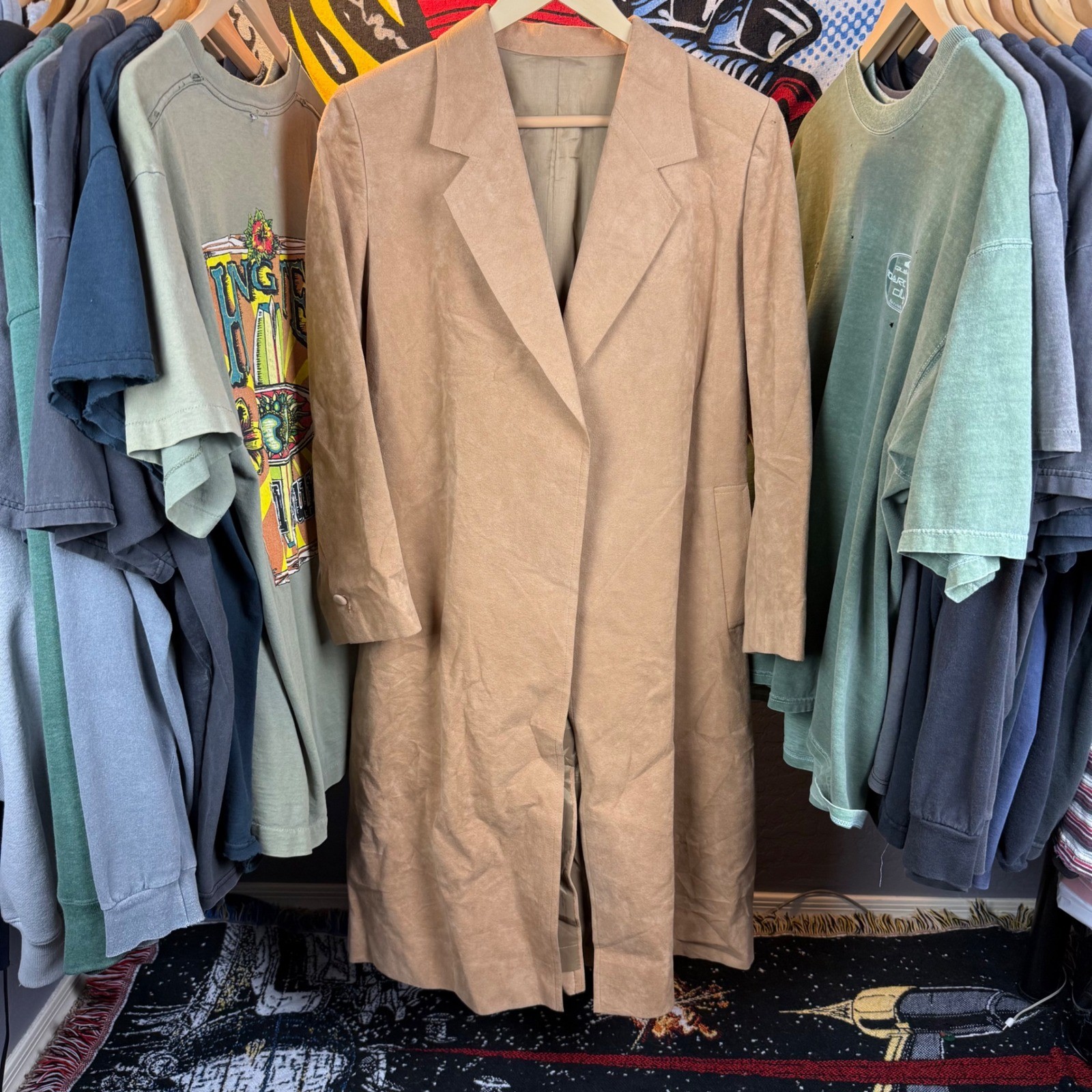 Vintage Tan Suede Leather Trench Coat Longline Belted Jacket Tan Brown