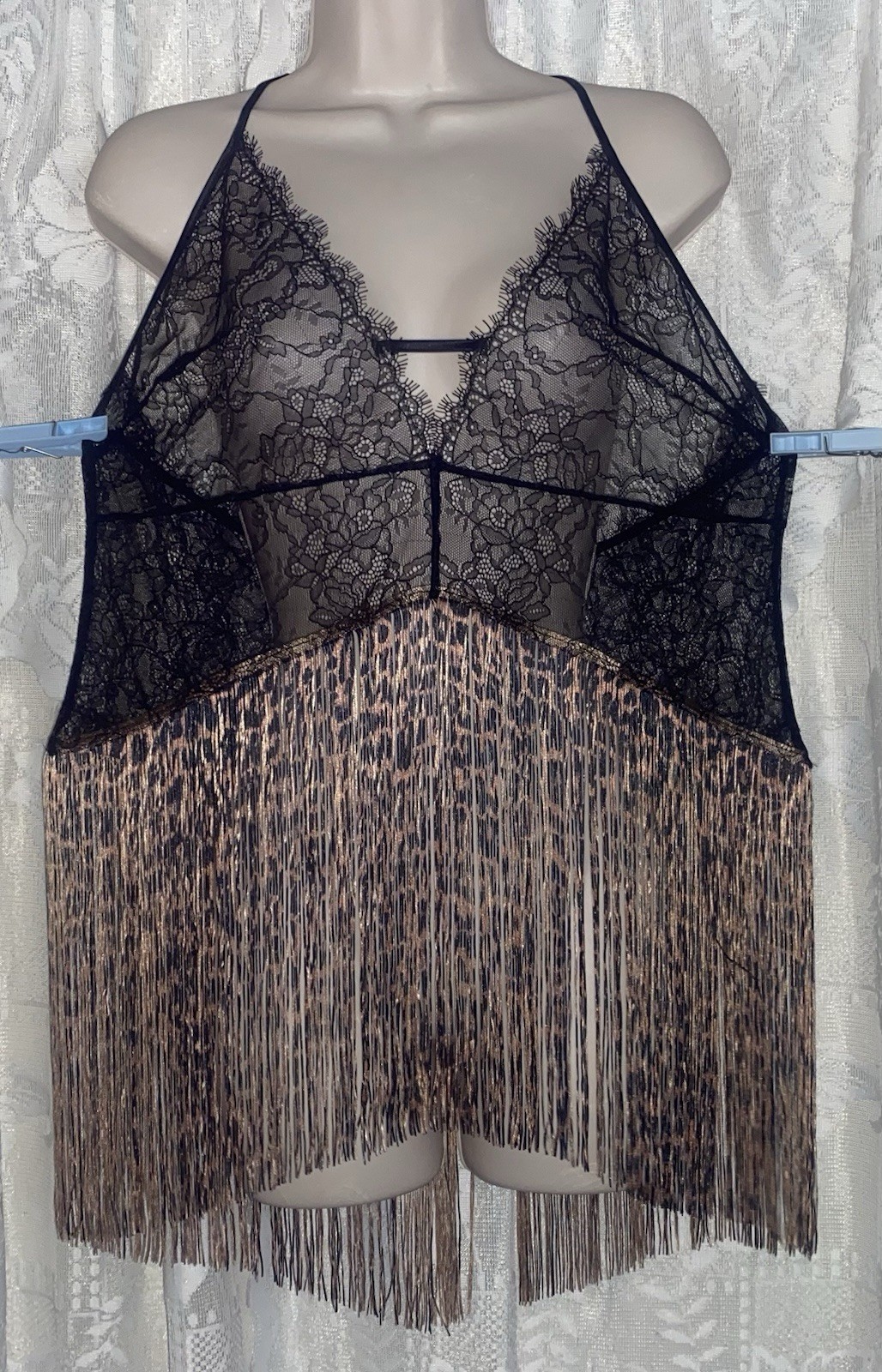 VTG Design XL Victoria’s Secret Black Lace BURLESQUE Cami Nightie LEOPARD FRINGE