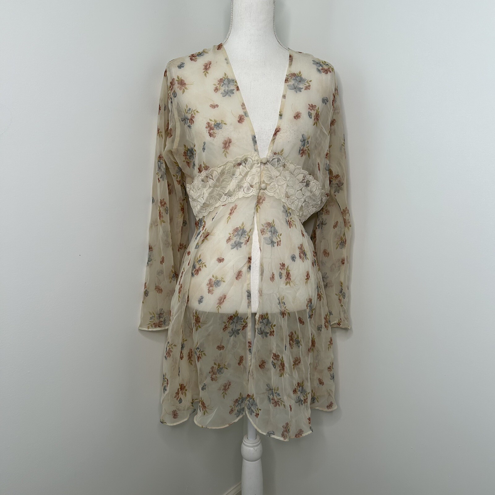 Dominique Simone Vintage Robe Sheer Chiffon Floral Lingerie Kimono Size Medium