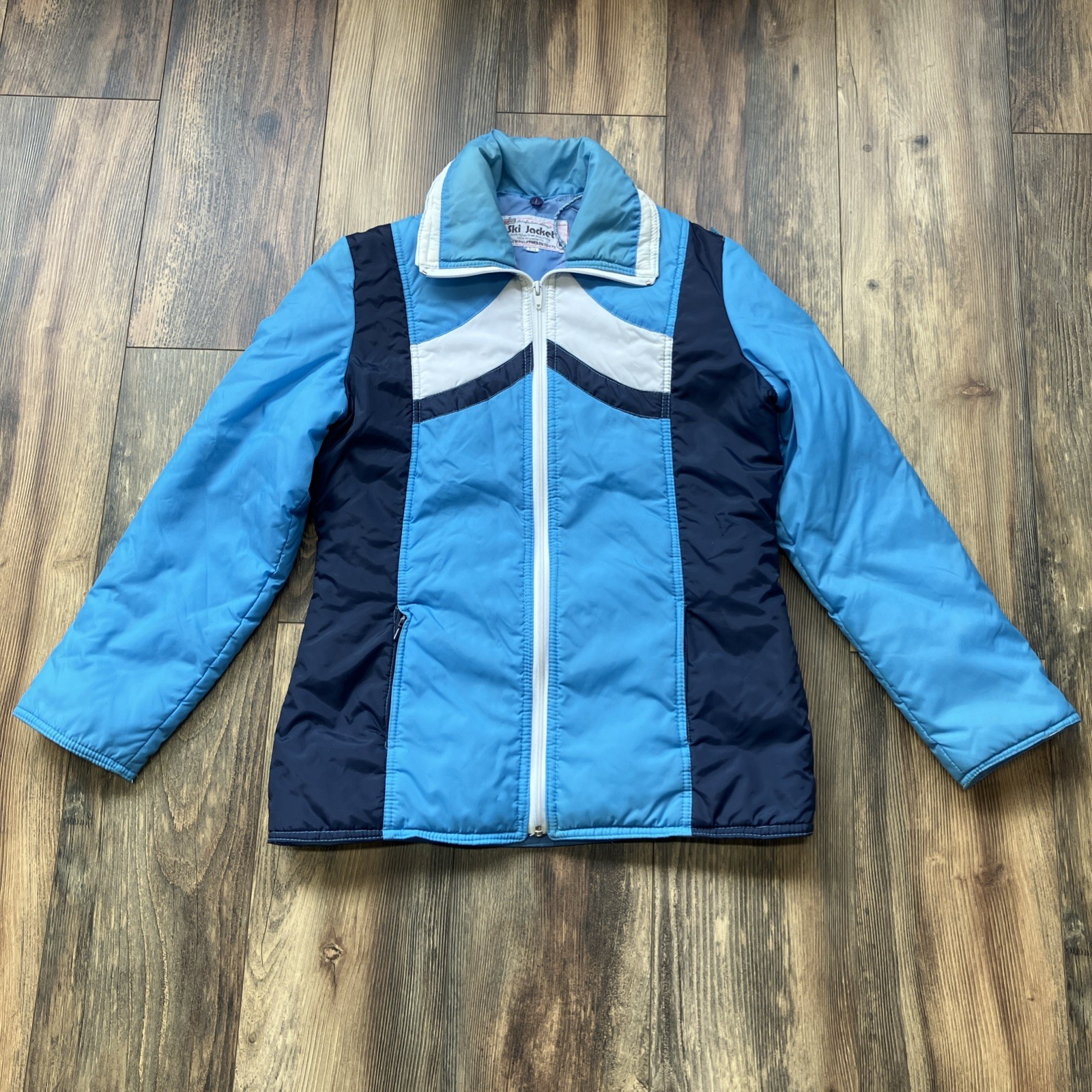 Vintage 70s Kmart Insulated Nylon Color Block Hooded Ski Jacket Blue Women’s S