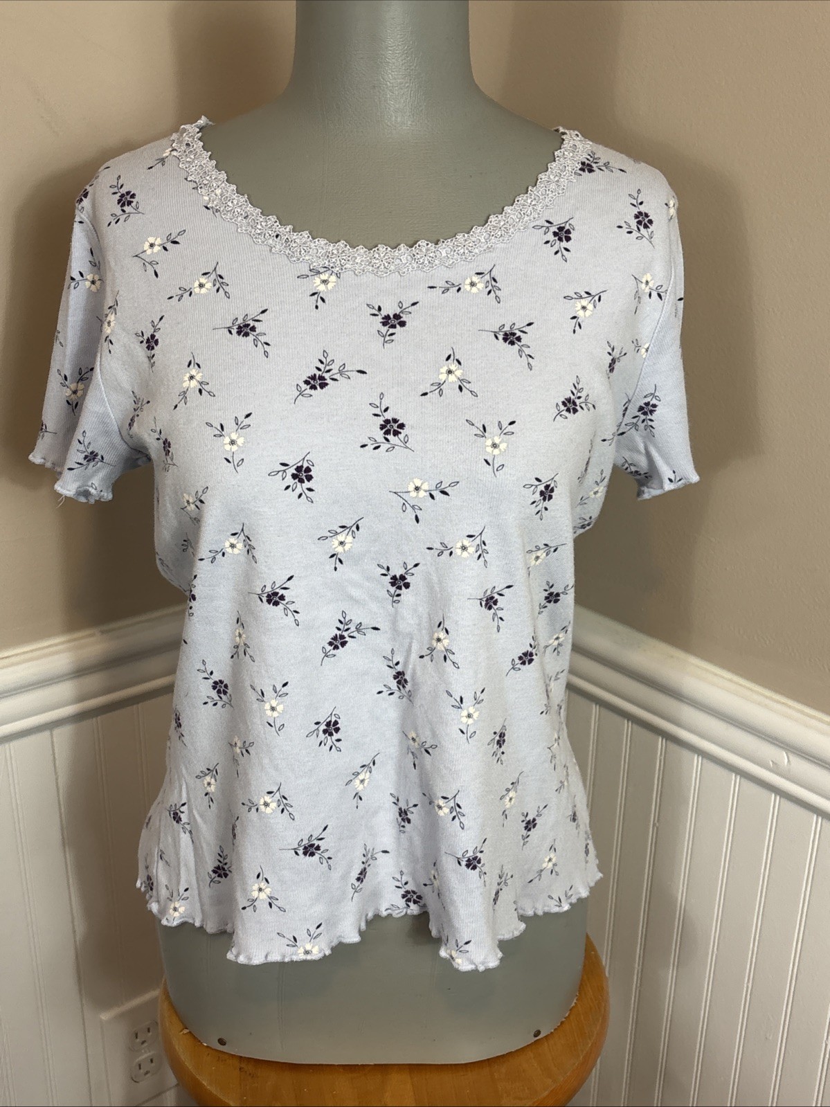 Vtg 90’s Basic Editions Short Sleeve Top Knit Floral Flowers Size Large