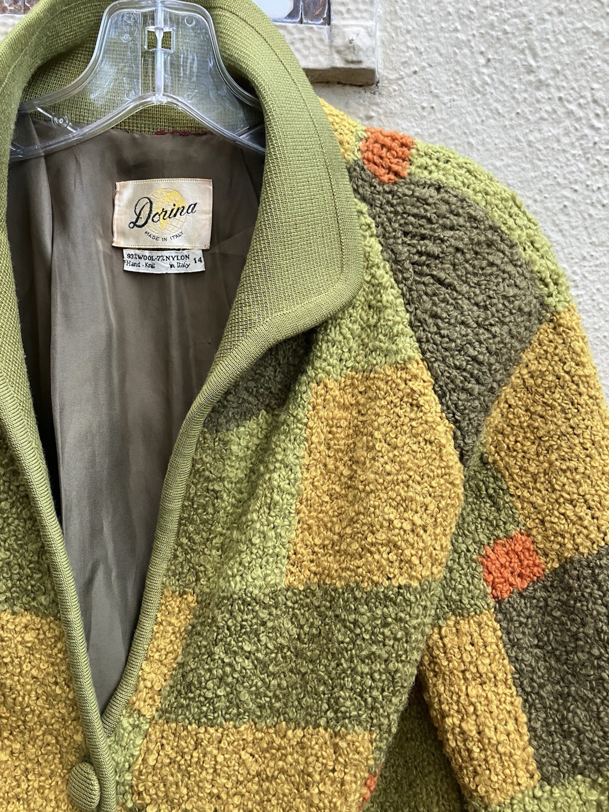 Vtg Wool Boucle Hand Knit JACKET/COAT Italy DORINA Large/sz 14 Colorblock
