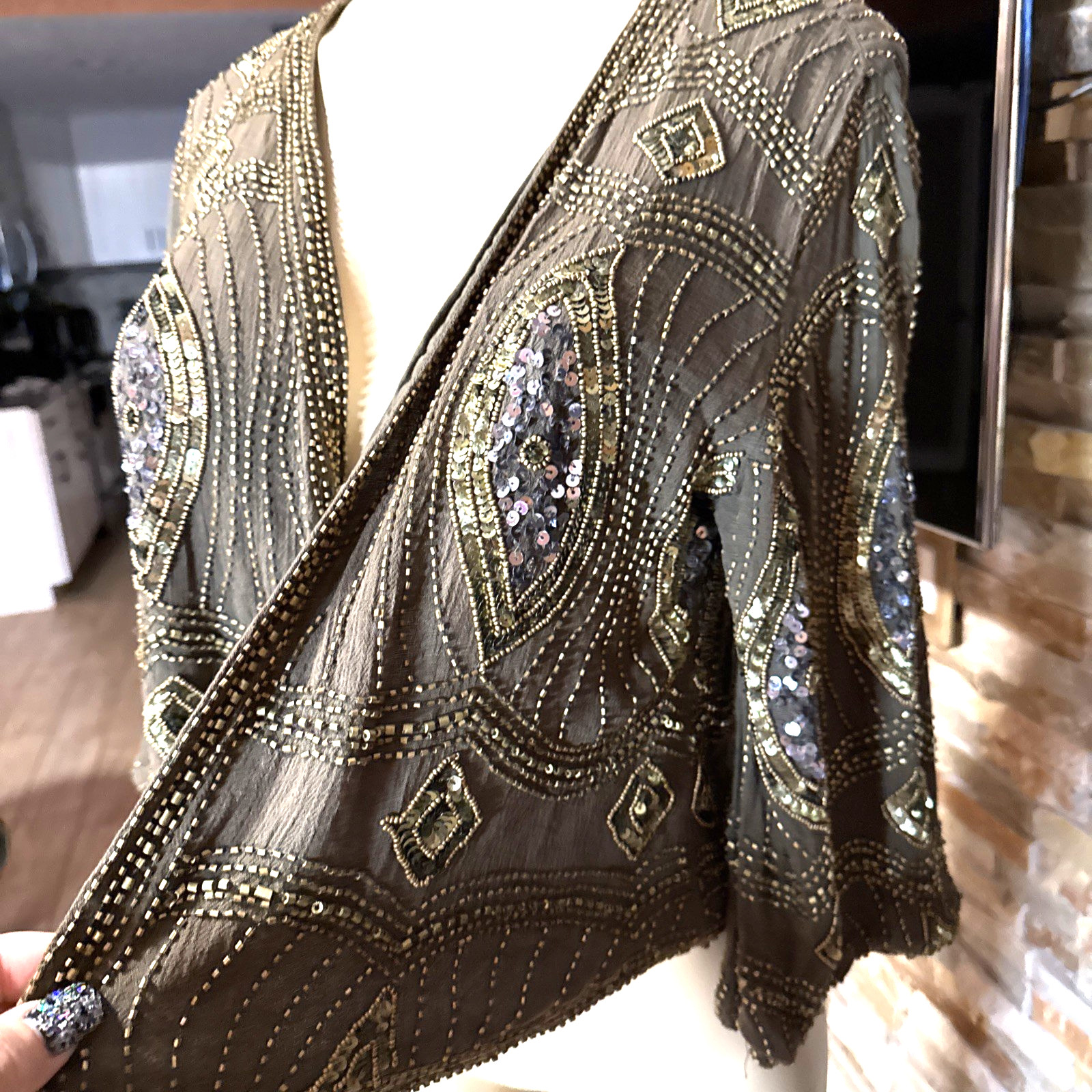 Vtg Tennis Cuidado Especial Sequined Bolero Gold & Army Green XS/S NWTS gc