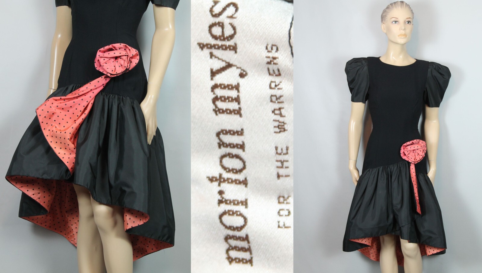 Vtg MORTON MYLES WARRENS Black Fit Flare Hi-Low Cocktail Party Evening Dress 4