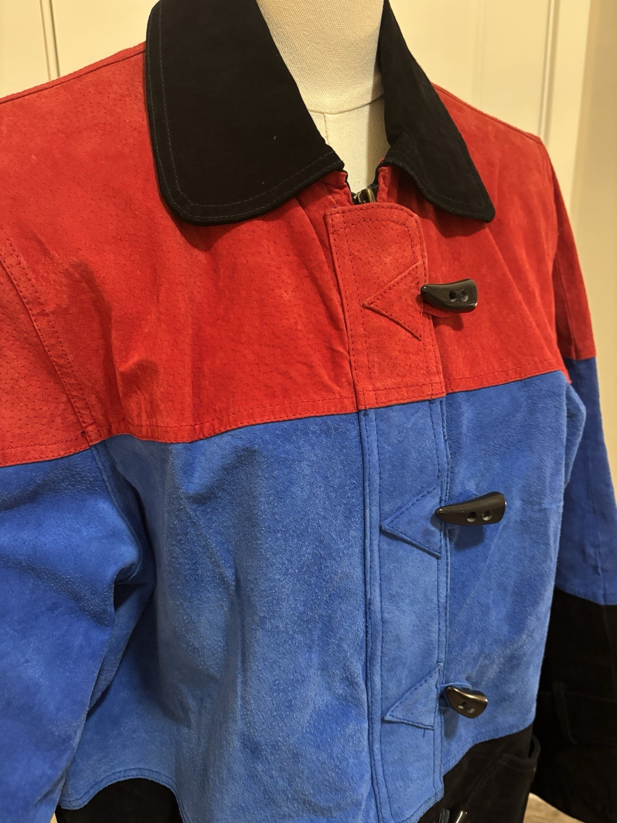 Vintage 80’s 90’s Diani Color block Suede Leather Toggle Coat With Zipper Med