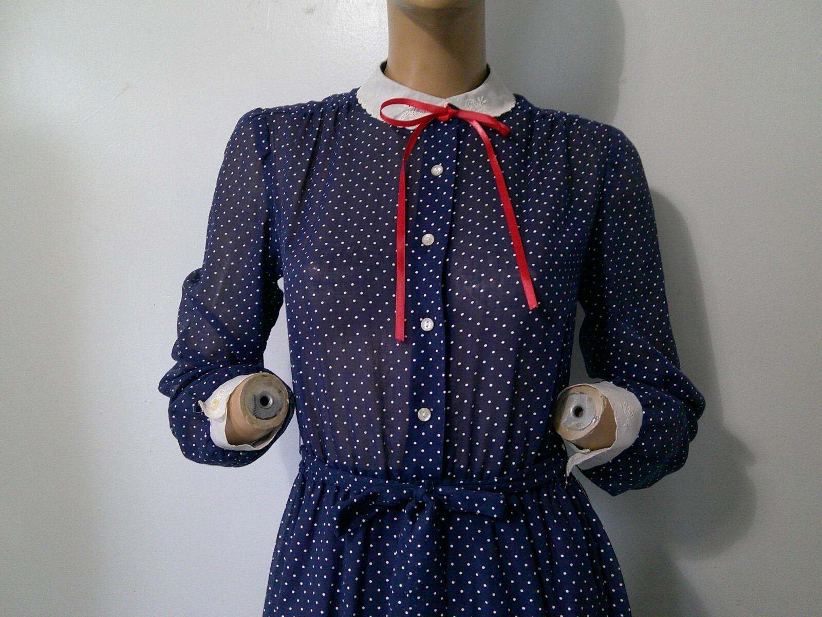 Vtg 70s Navy & White Tiny Dot Semi Sheer Modest Secretary Day Dress Fit Flare M