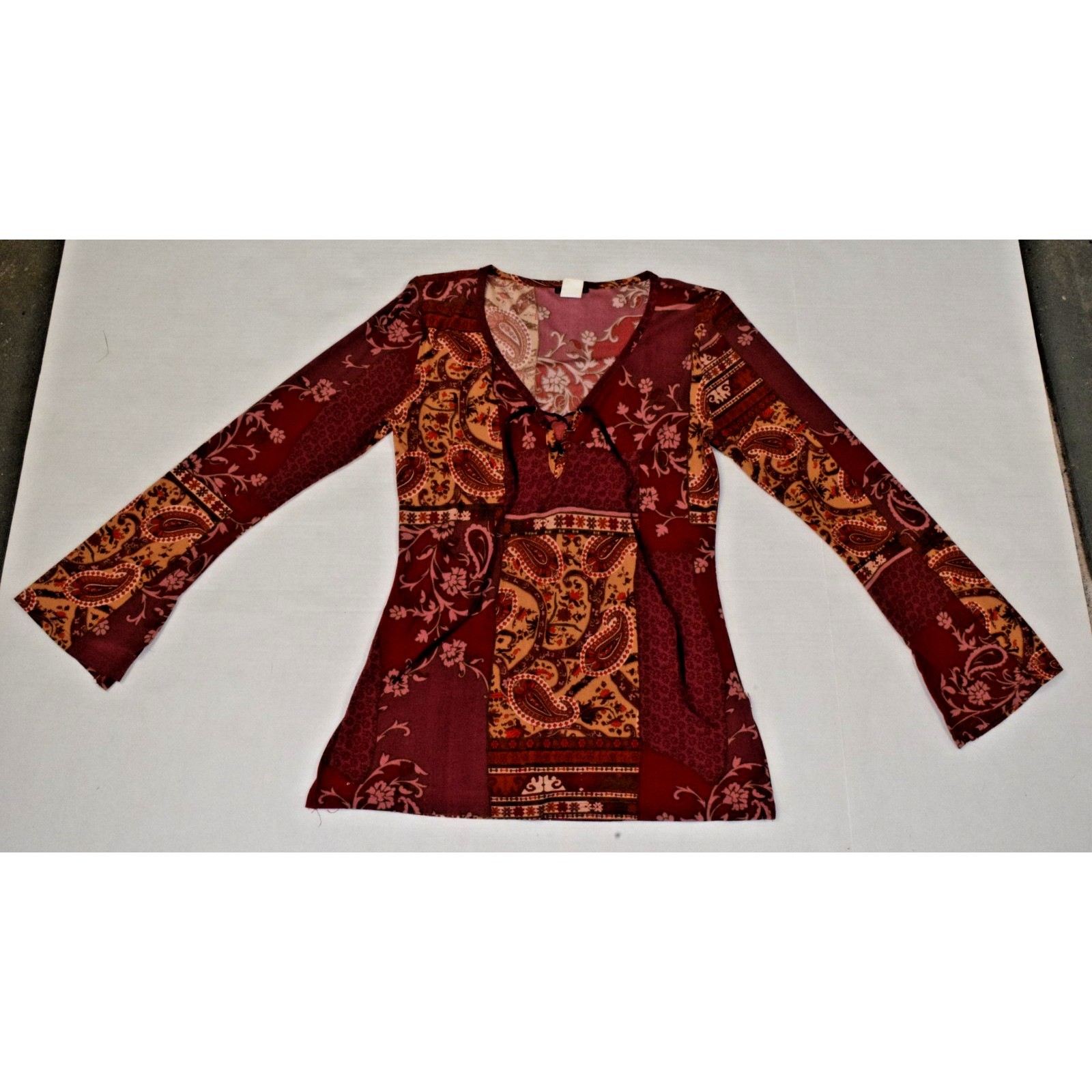 Vintage Shirt Vixen Size M 90s Burgundy Bohemian Lace Up Paisley Tunic Made USA