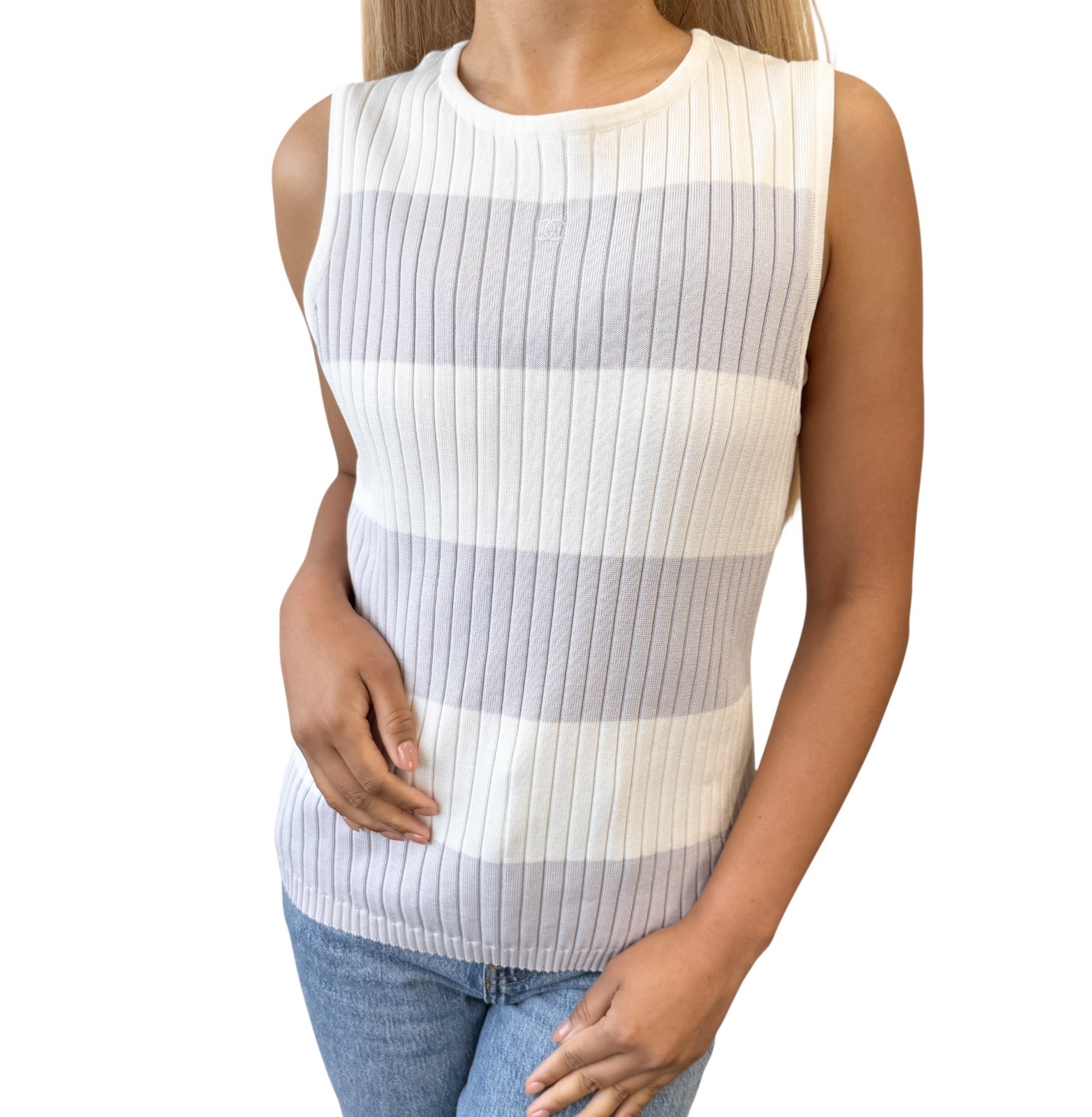 CHANEL Vintage 98P CC Mark Logo Knit Tank Top #44 White Purple Cotton