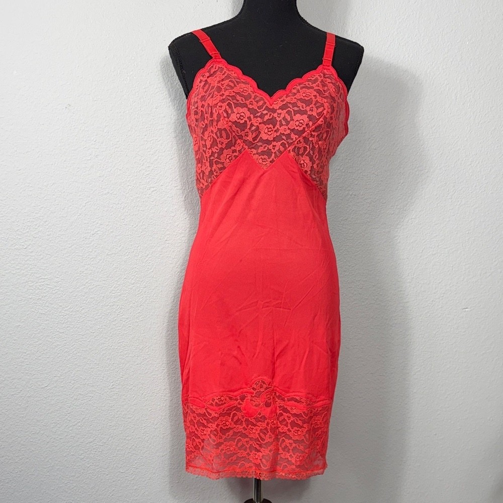 Vintage Movie Star Full Slip Red 34 Short Lace Sheer Bodice Bottom Sexy Feminine