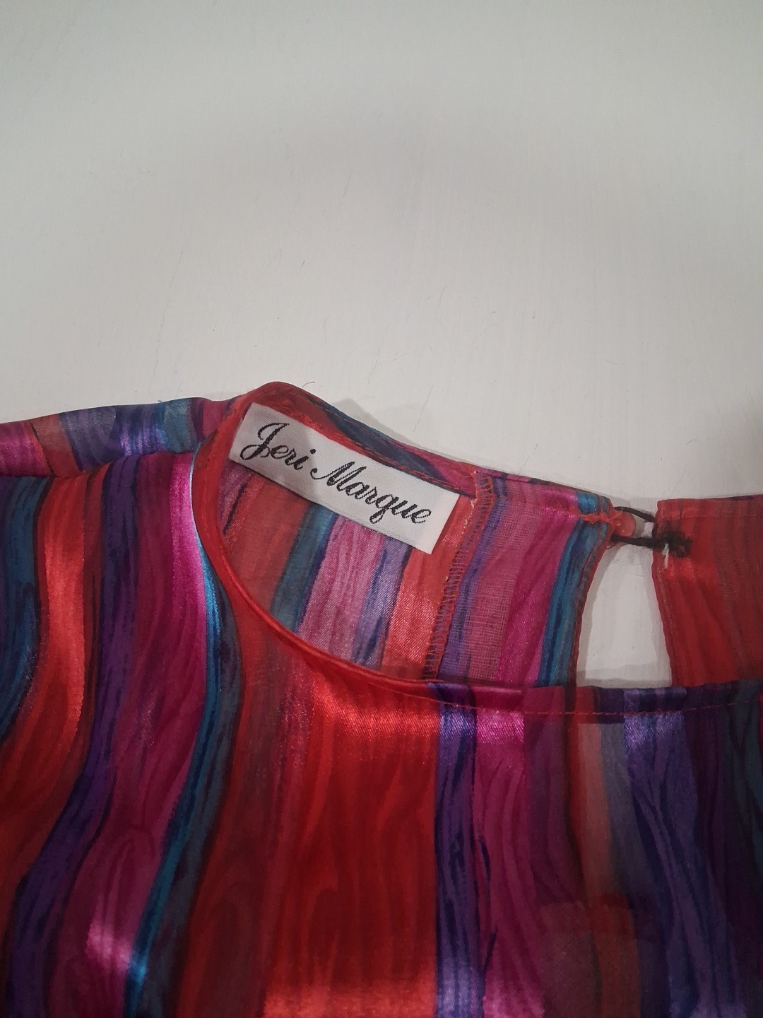 Vtg 80s Colorful Sheer Blouse Carnival Stripes Jeri Marque Womens Medium Ruffles