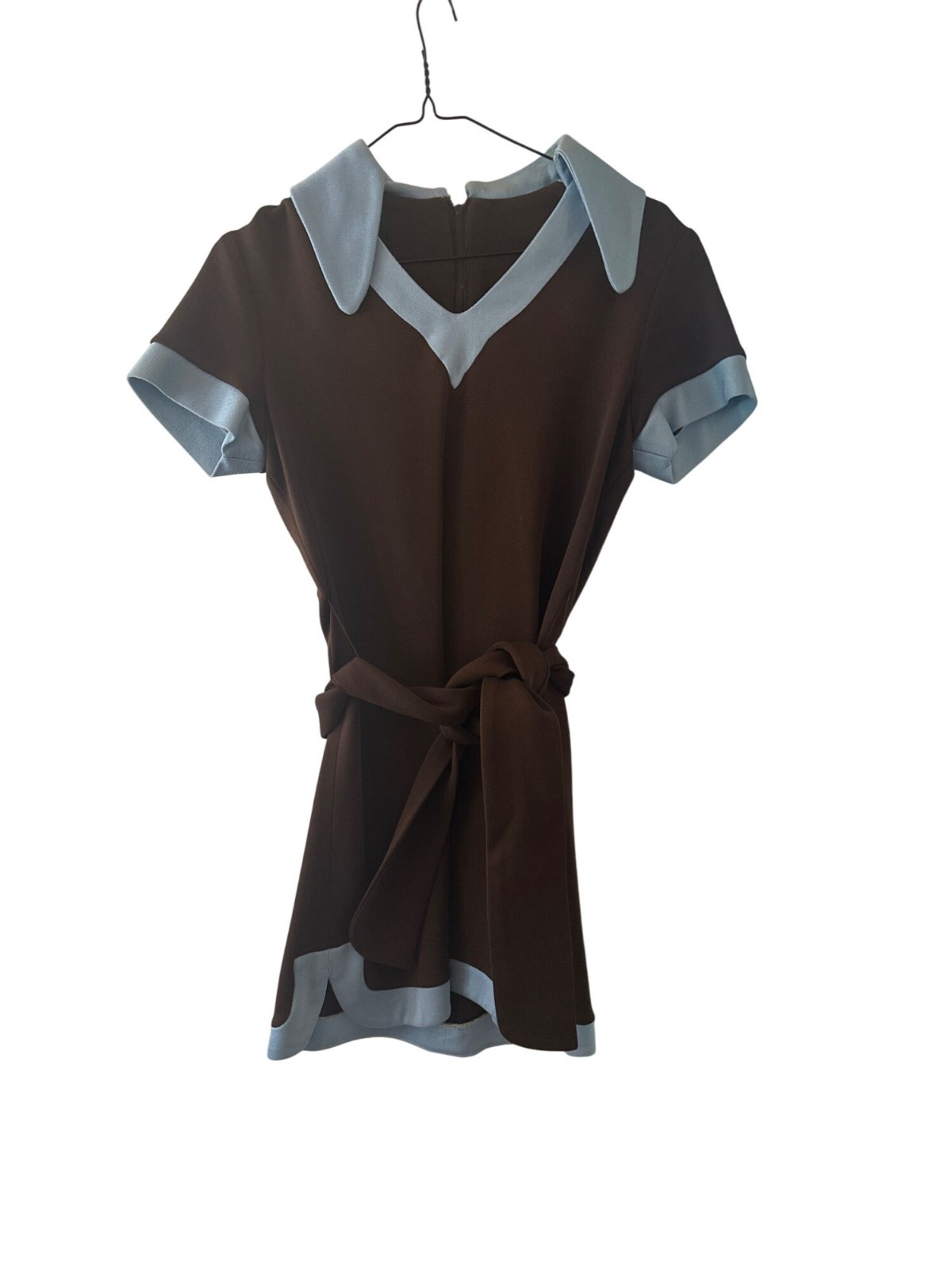 Vintage 60s Brown & Light Blue Short-Sleeve Tunic With Belt Polyester Retro