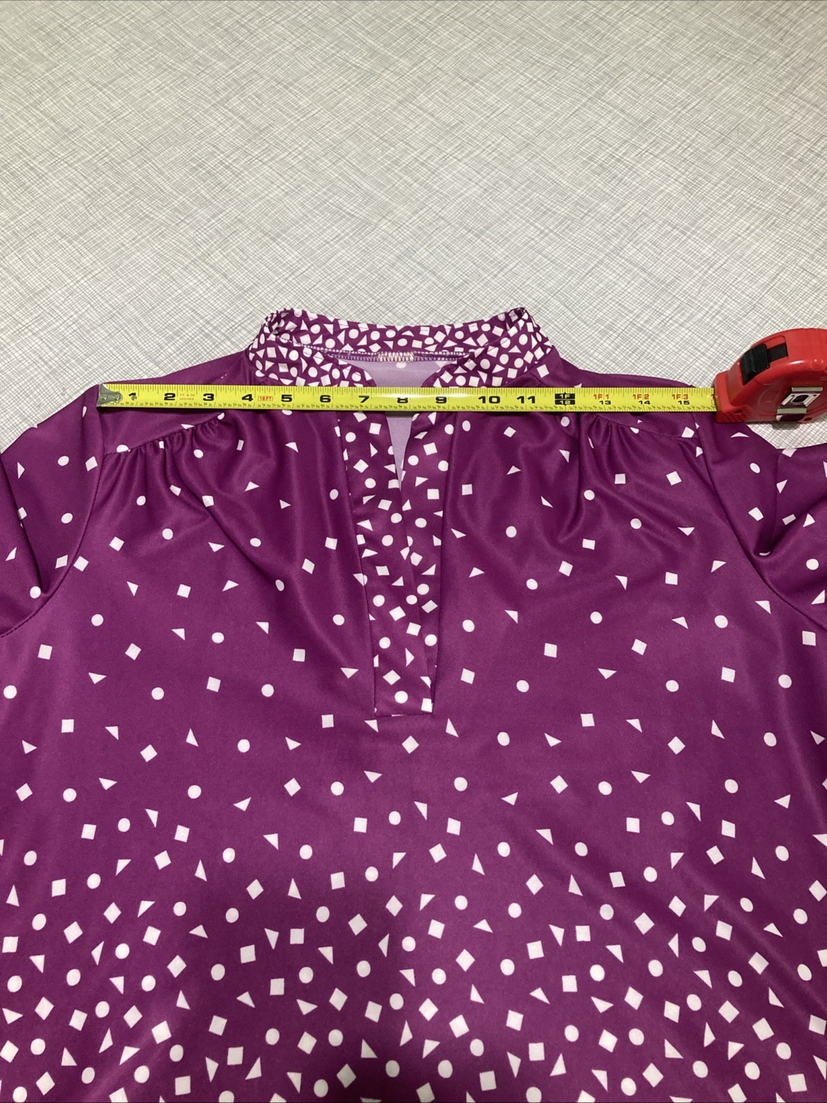 VTG 70s 80s Geometric Confetti Tunic Blouse Magenta Purple Polyester Shirt M L