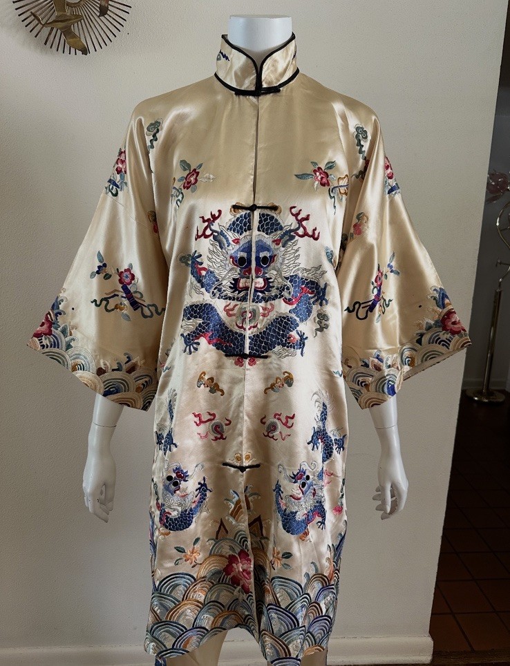 1930s 2pc Chinese Silk Satin Embroidered Dragon Lishui Wave Robe Pants Set Talon