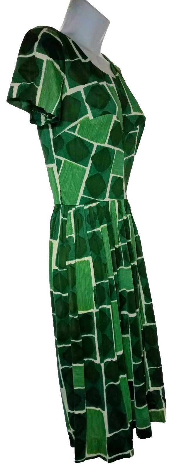 Vintage 60s Size 12 Geometric Nylon Zip Dress Gathered Pleated Skirt belt Loops