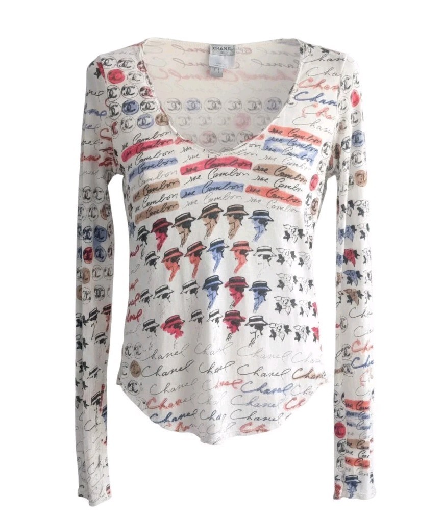Chanel CC 06C Vintage Coco Hat Sketch Blouse Top Long Sleeve T-Shirt Jersey 36