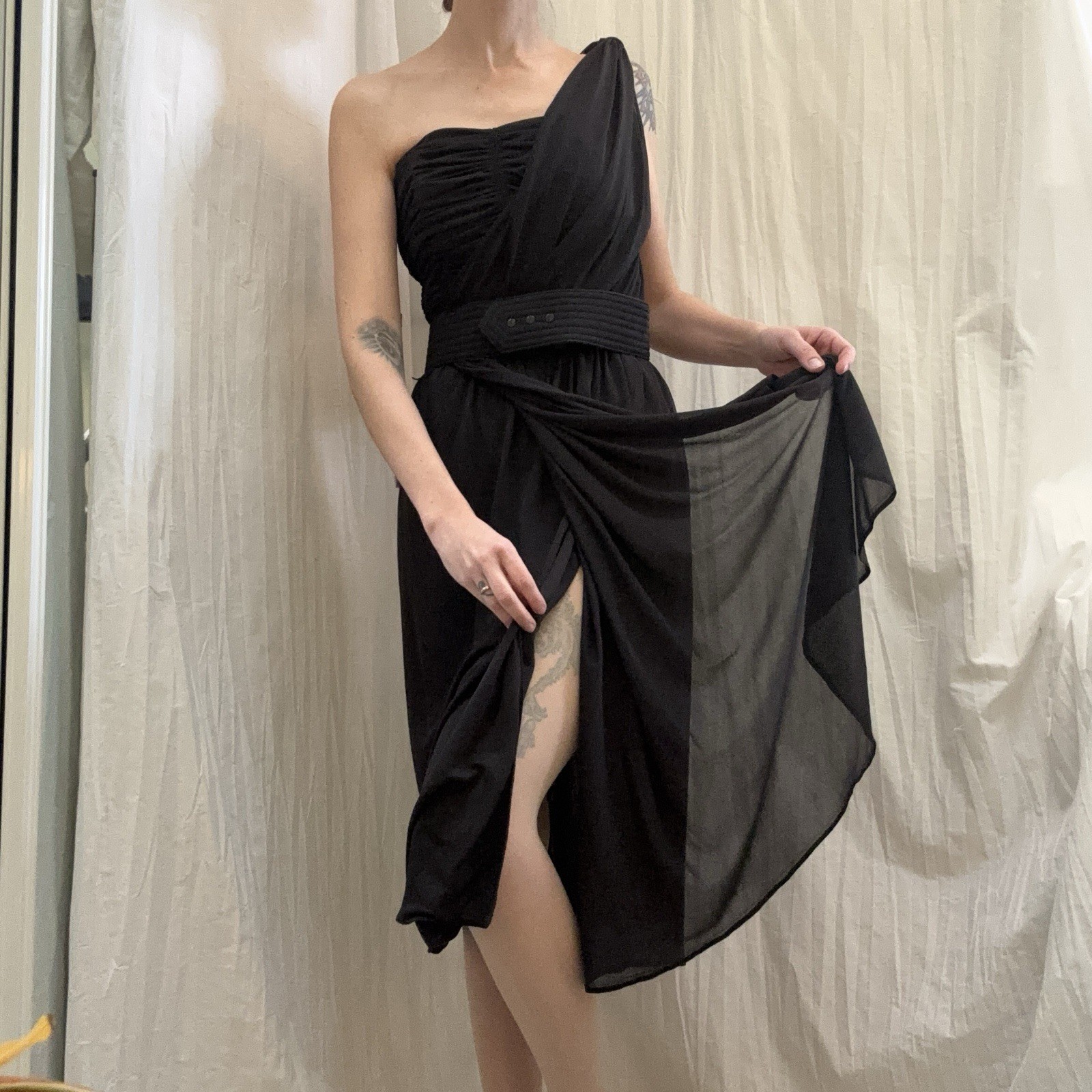 Vintage Victor Costa Black One Shoulder Chiffon Evening Dress 1970s 80s XS/S