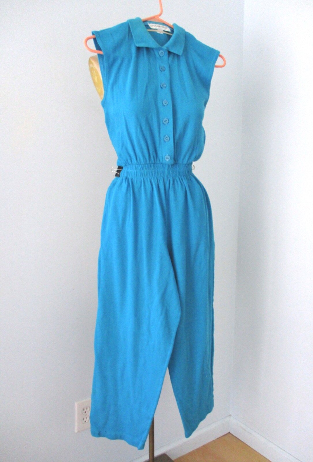 Vtg 80s New Wave Peacock Blue Sweatshirt Knit Harem Jumpsuit Polo Top Pockets S