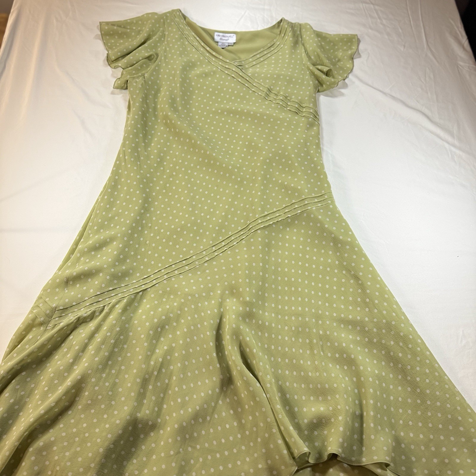 Vintage Adrianna Papell Woman 14W 100% Silk Polka Dot Midi Dress Green Y2K