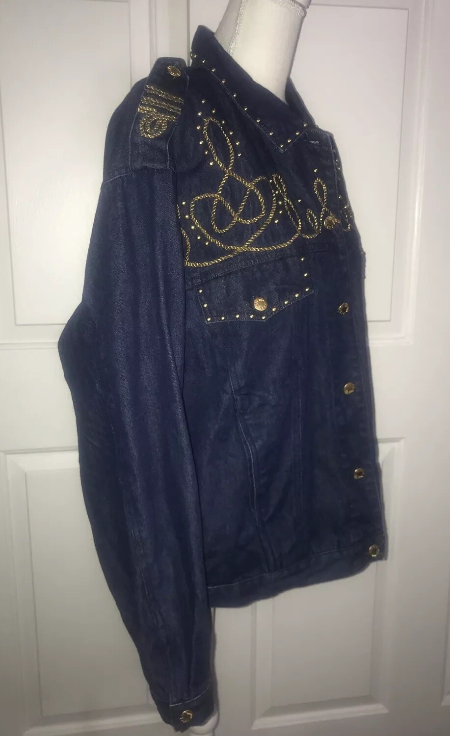 VTG CAROLE LITTLE Jacket Denim Blue Gold Studs/Rope Embroidery Size 14? (READ)