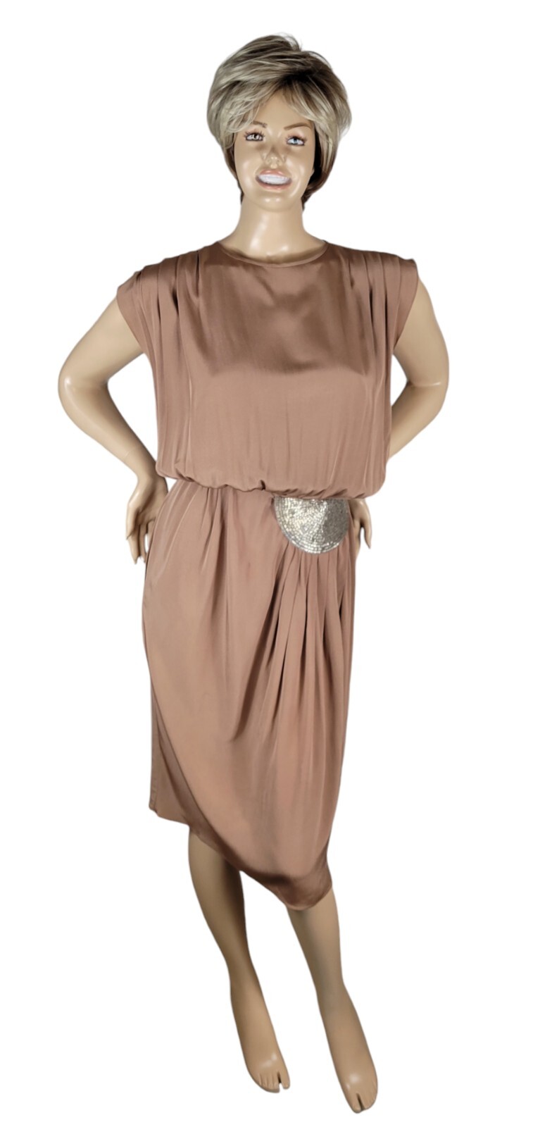 Vintage 80s Bill Blass Collection III Brown Beaded & Pleated Sleevless Dress 10