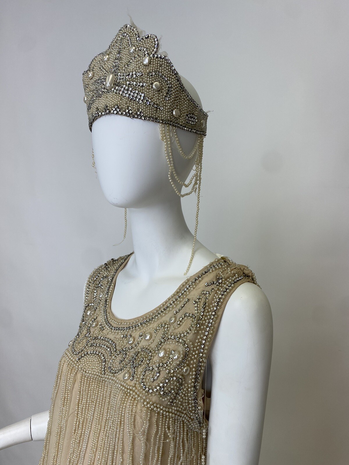 Real Antique 1920s Flapper Wedding Gown Train Headpiece Pearls Rhinestones