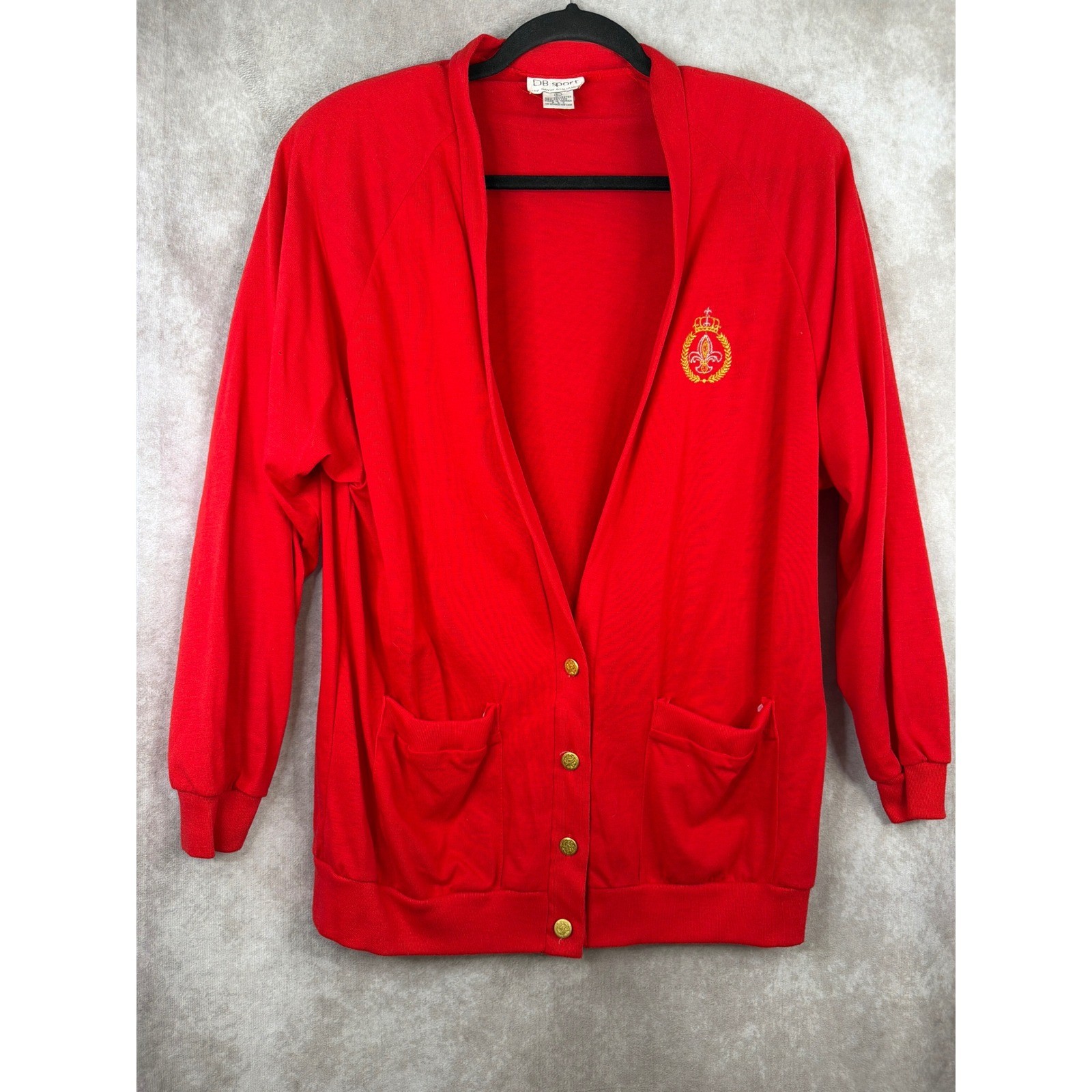 VTG 80s DB Sport David Benjamin Red Cardigan Sweater Gold Crest Buttons Large