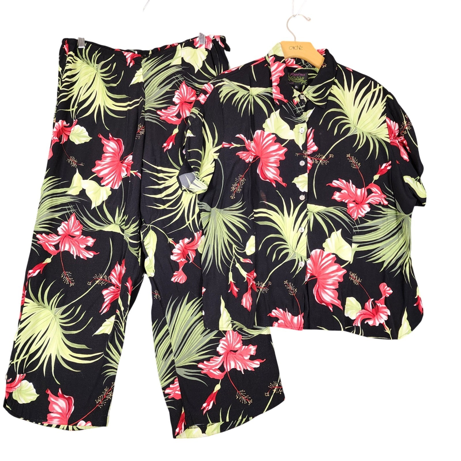 Kaua’iana Hawaii Tropical Hibiscus Print 2 Piece Set Shirt Pants XL Rayon Black