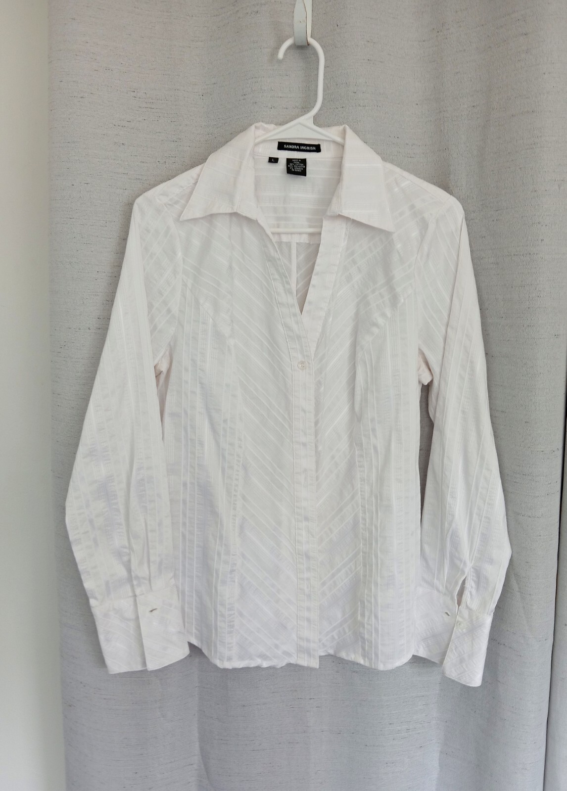 Vintage Sandra Ingrish Crisp White Shadow Stripe Button Up Blouse, Long Sleeve L