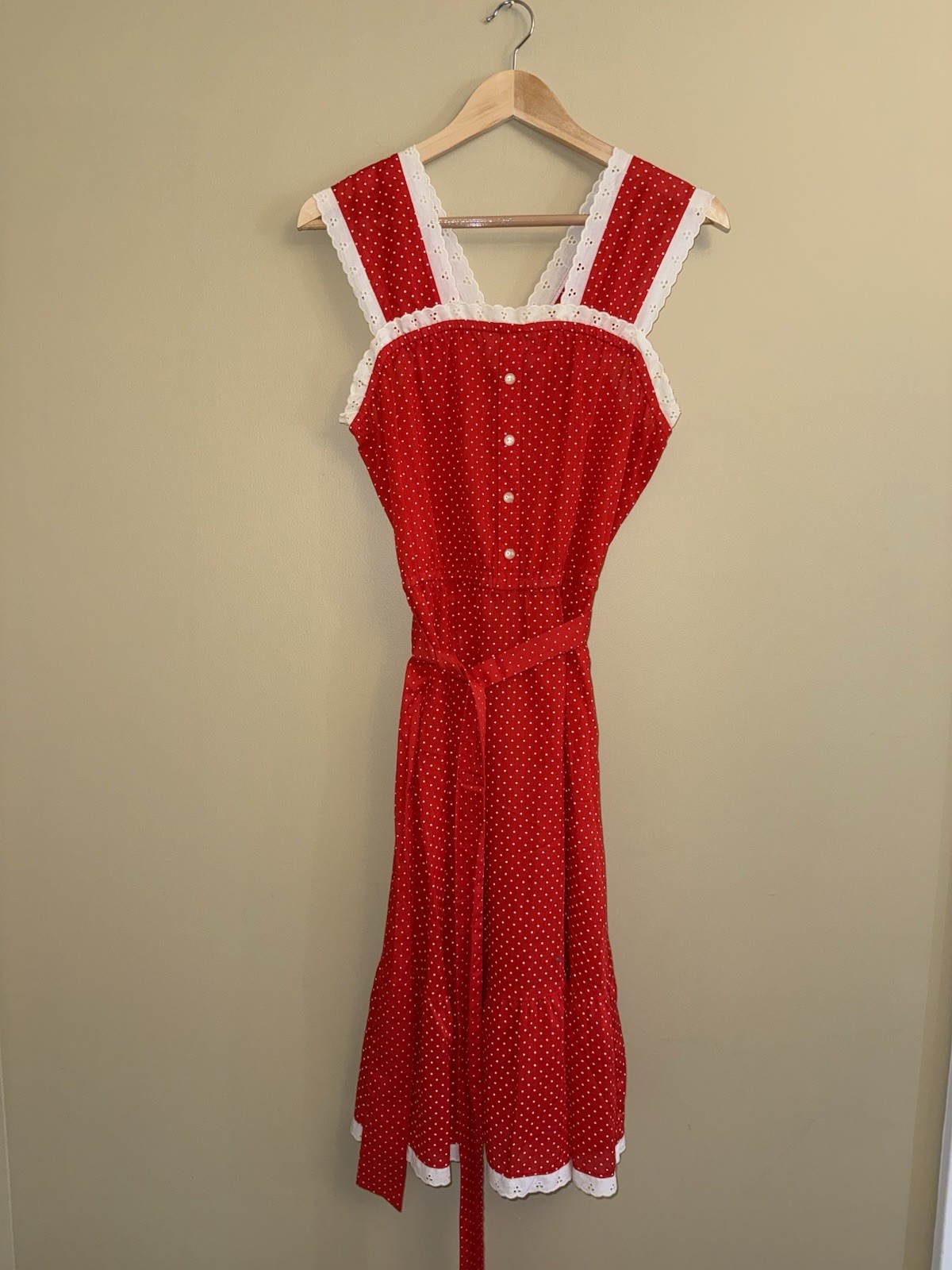 Vintage 70’s J.C. Penny Polka Dot Sundress Lace Eyelet Red White Size 7/8 Dainty