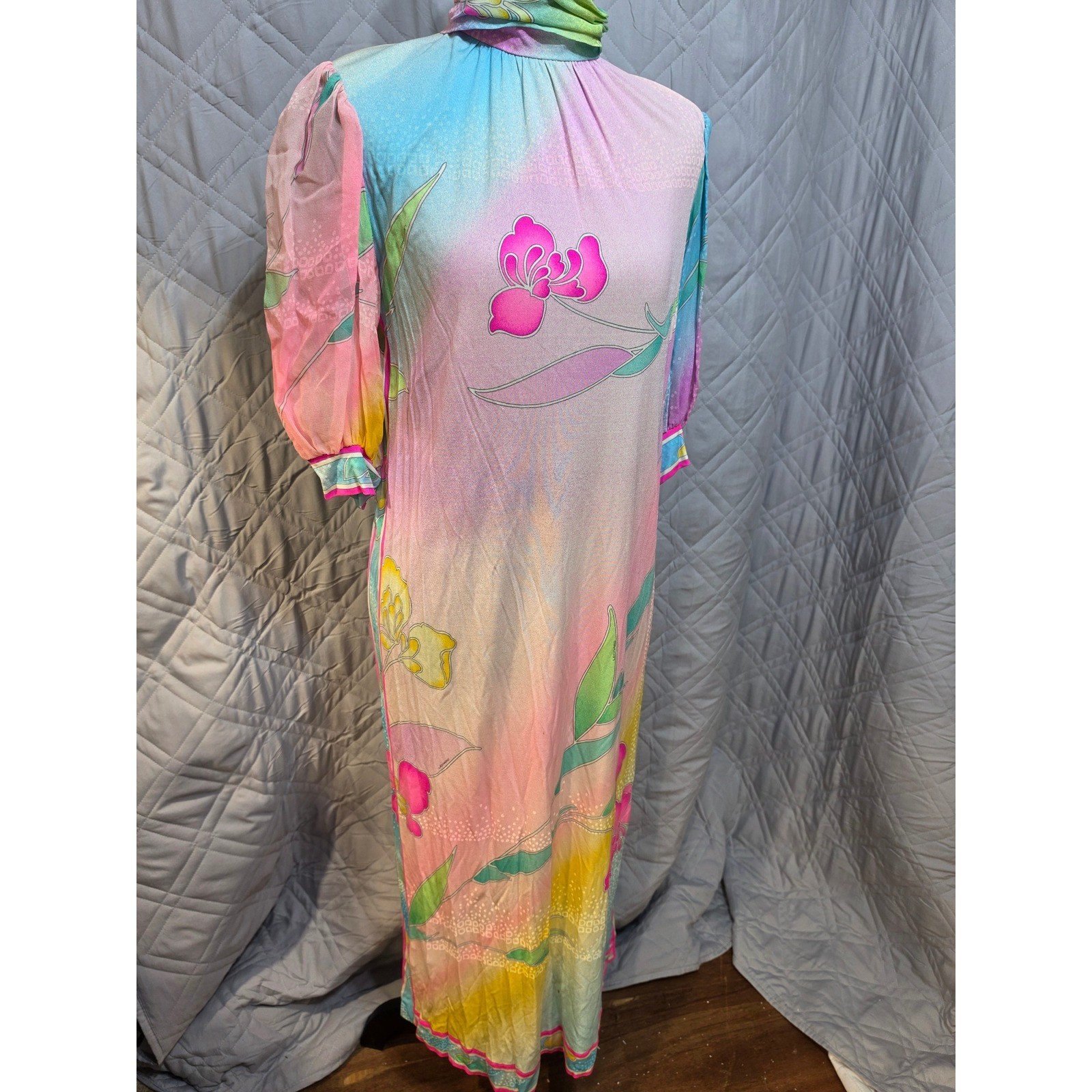 Vintage 70s Leonard Paris Silk Jersey Mikado Floral Maxi Dress Pastel Watercolor