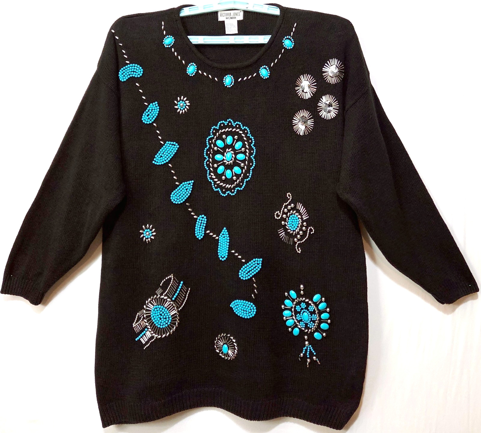 Vtg Victoria Jones Sweater Turquoise & Silver Beading Long Sl Round Neck Size 2X