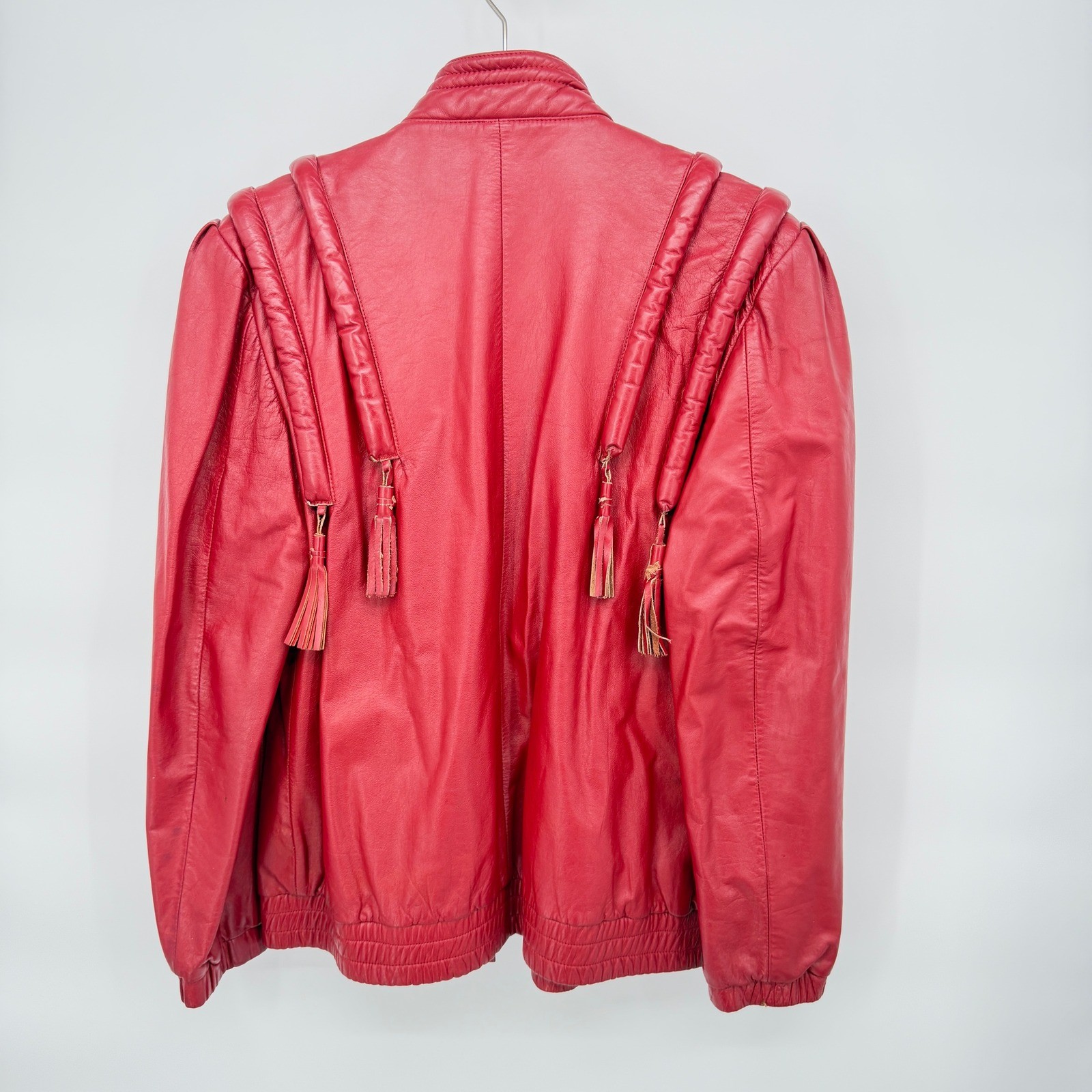 G-III Red Leather Jacket Tassels Shoulder Detail VTG 80s Avante Garde Moto 9/10*