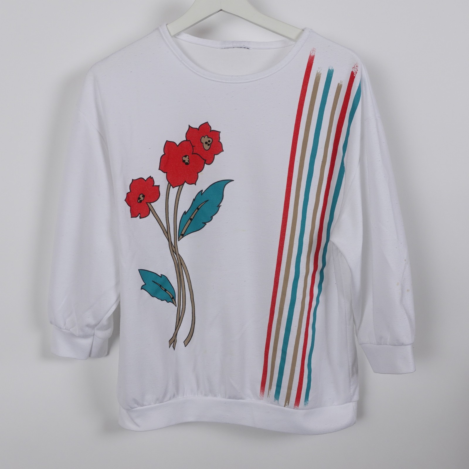 Vintage 80s Flowers Stripes Women’s 3/4 Sleeve Sweatshirt Shirt White Medium
