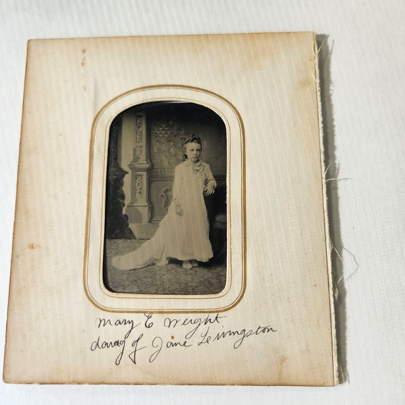 Tintype Photo Identified Mary Wright Pretty Girl Flowing Dress W Train Fashion