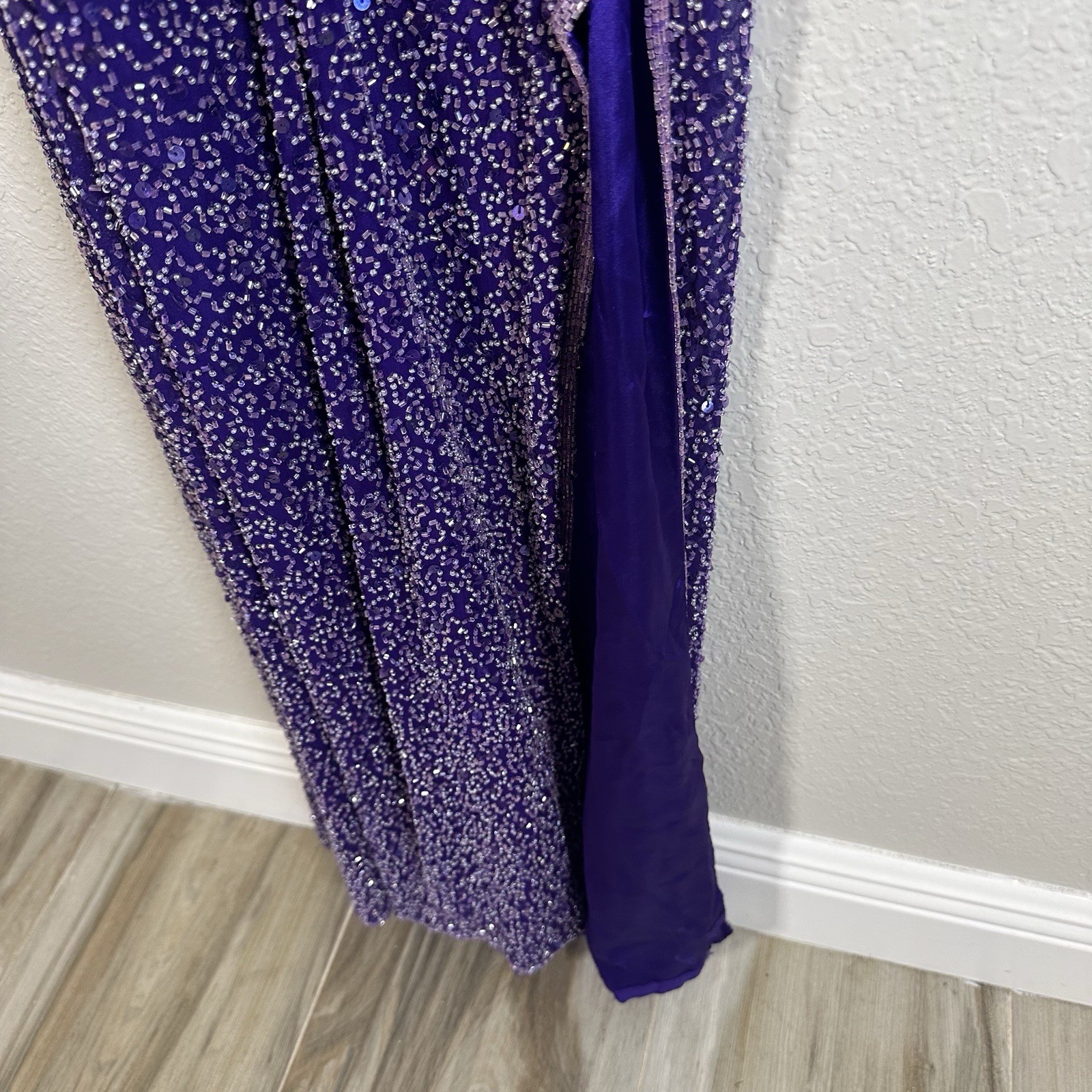 VTG Scala Maxi Dress 100% Silk Beaded Formal Cut Out Slit SZ Medium* Prom Purple