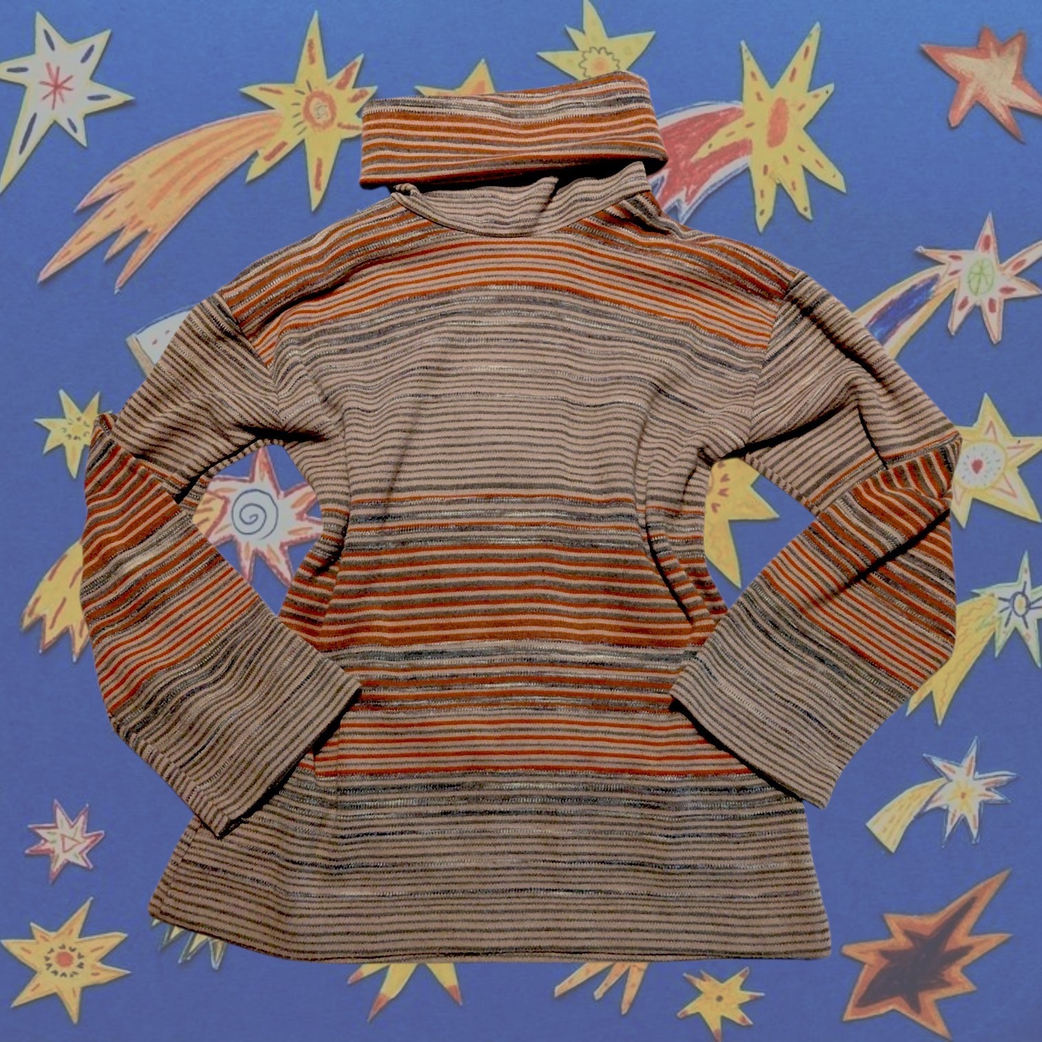 Vintage 1970s Devon Striped Turtleneck Sweater Top Orlon Acrylic Orange Grey Y2K
