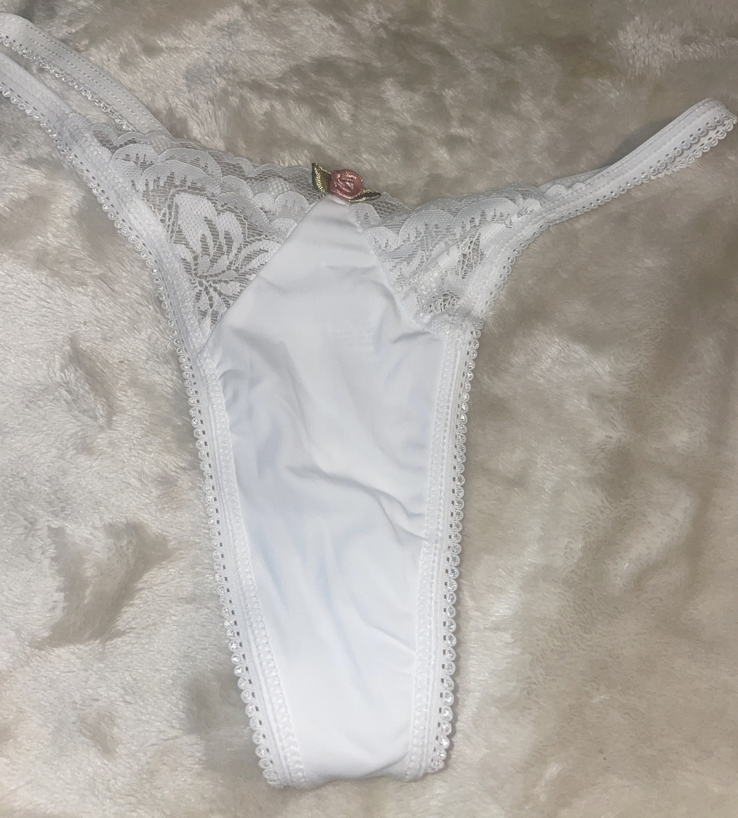 VINTAGE White Lace Trim Flower satin panties Thong Style With Lace Size XS Sexy