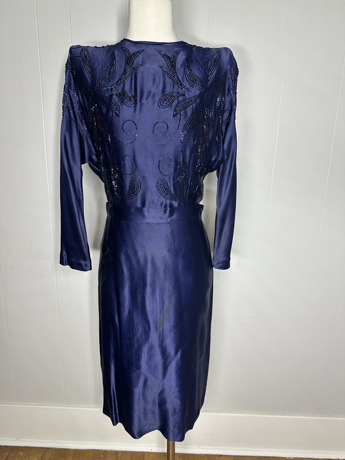 Vintage Couture Level Silk Blue Hand Glass Beaded Victory Suit Jo-Carn Creations