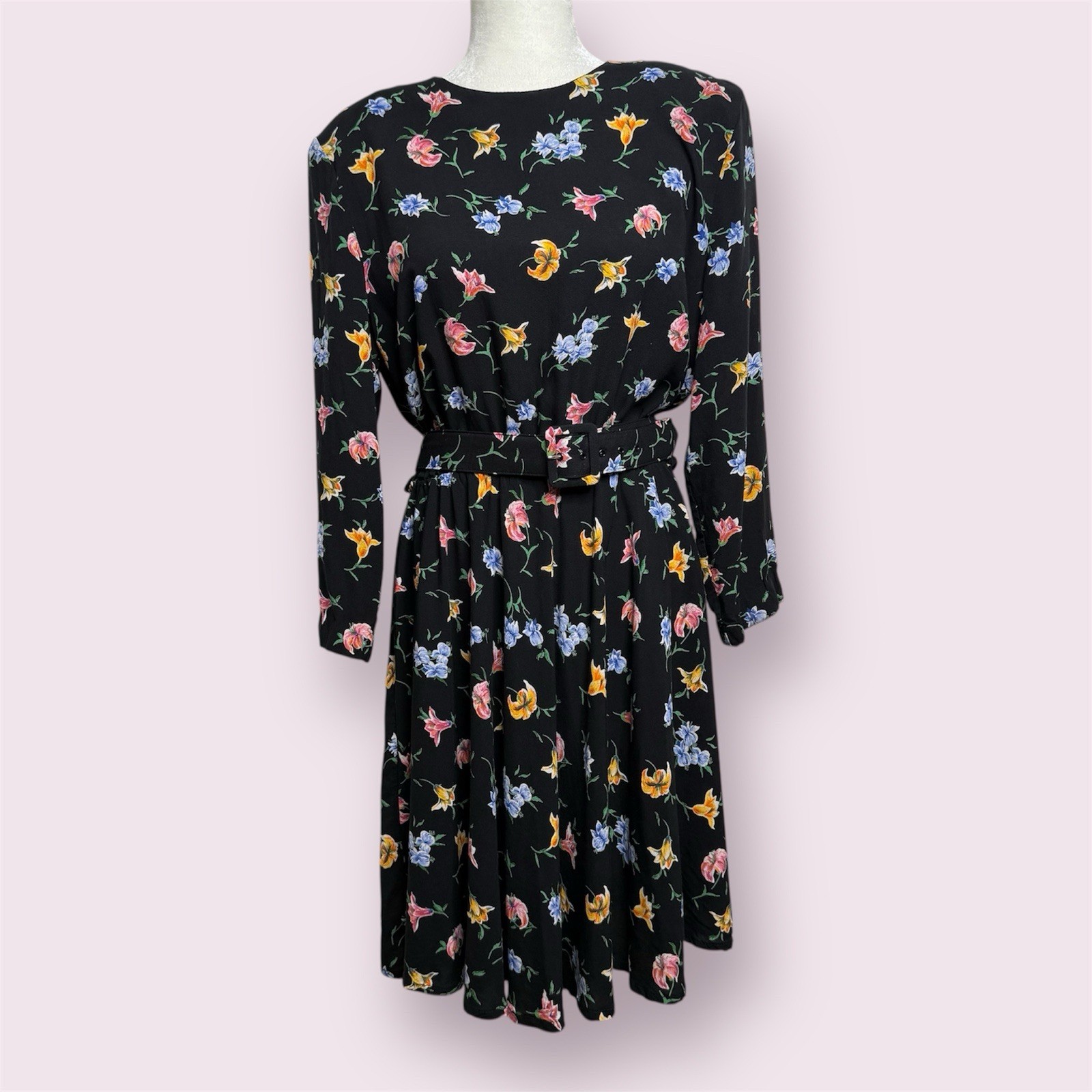 Vintage 80s Bedford Fair Belted Floral Midi Dress Women’s Size 16P Black Multi