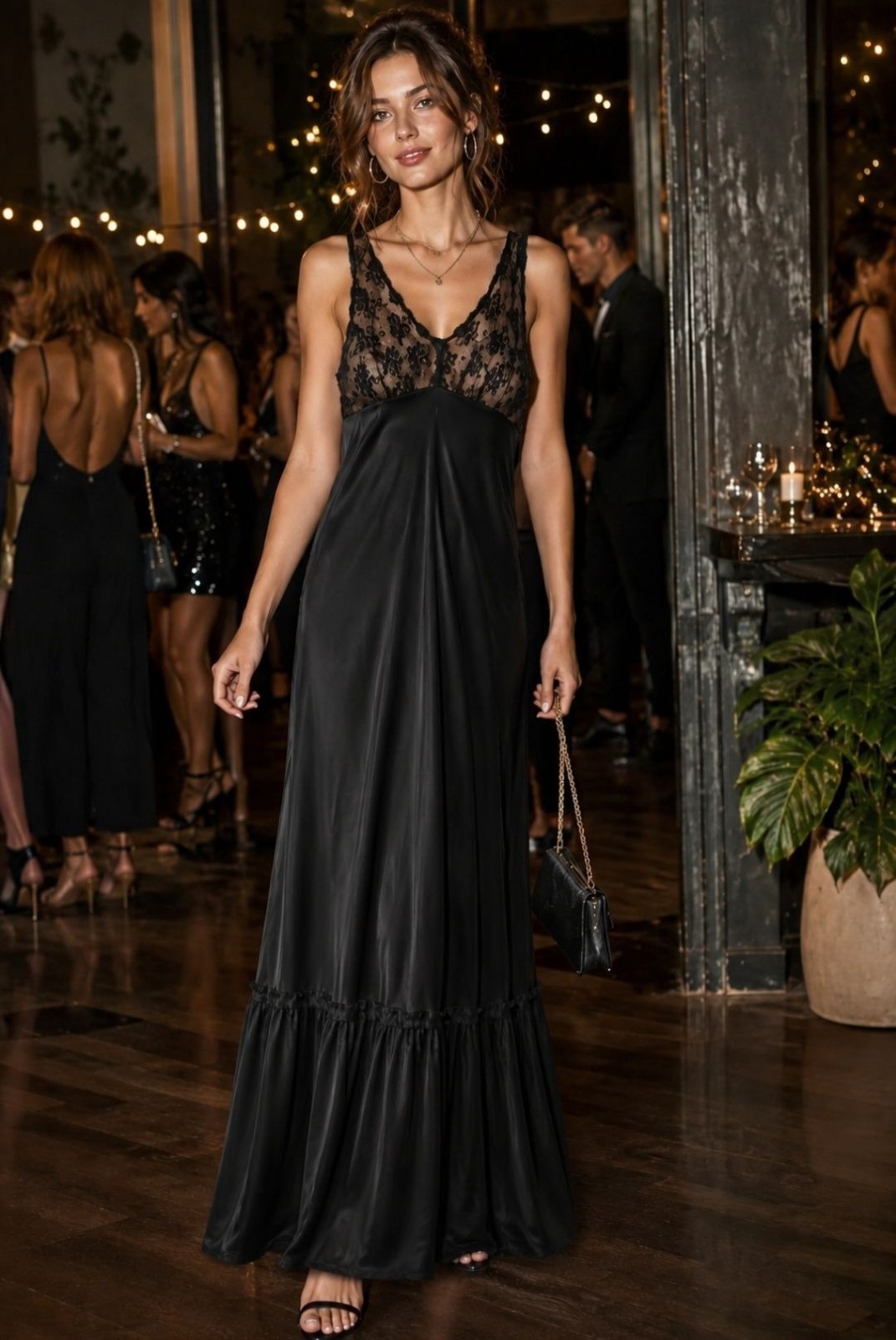 VTG Val Mode Small Black Lace Trim Nylon Slip Maxi Dress Tiered Whimsical Goth
